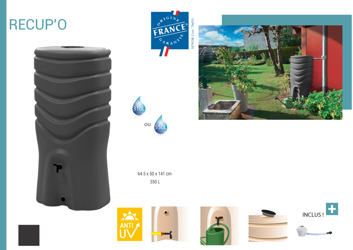 Récupérateurs d'eau  Récupérateur d'eau RECUP'O 1000 L avec Kit