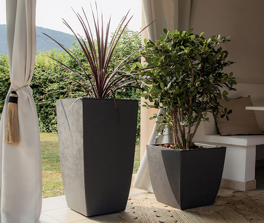 Bac à Fleurs Carré Haut Diva Stone 42L - Avec Bac Amovible, Décor Vagues - Pour Intérieur Ou Extérieur - 43,5x43,5x78 Cm